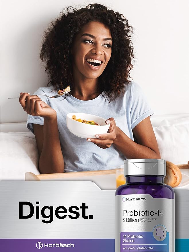 Horbäach Probiotics for Women & Men | 14 Strains for Digestive Health | 9 Billion CFU | 90 Capsules | Non-GMO & Gluten Free Supplement