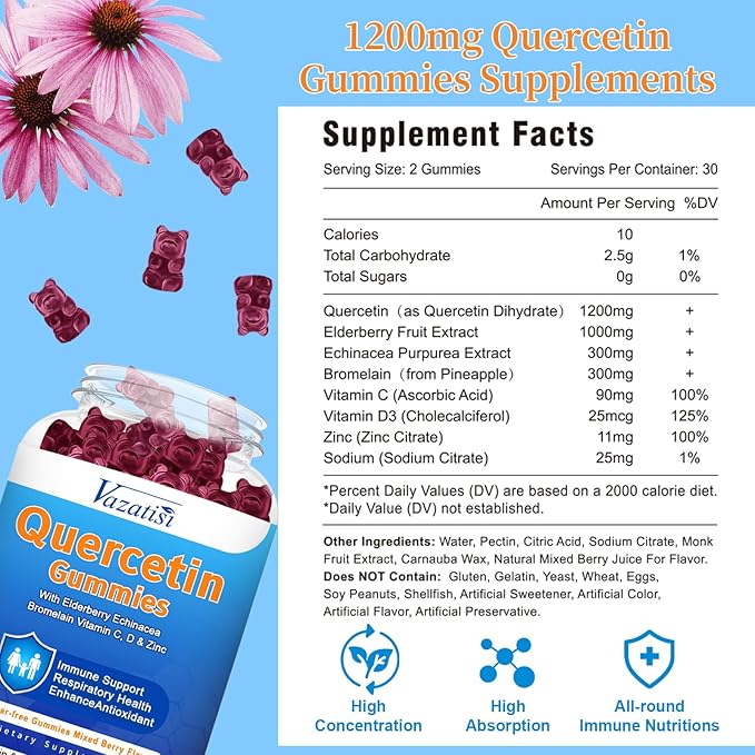 Quercetin with Bromelain Gummies, Quercetin with Vitamin C Zinc & Elderberry for Immune System & Allergy, Chewable & Vegan Gummies, 60 Cts
