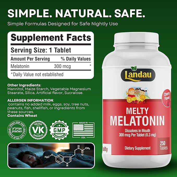 LANDAU 0.3mg-300 mcg Melty Melatonin for Kids & Adults – Easy-to-Take, Fast-Dissolving, Helps You Fall Asleep Faster – Kosher, Made in The USA – 250 Tablets, Cherry Flavor