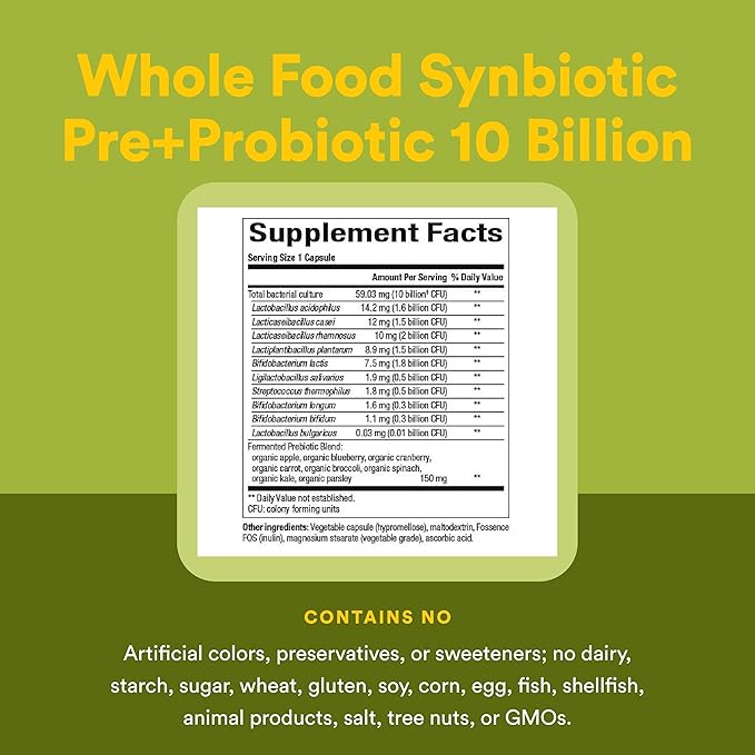 Natural Factors Whole Food Synbiotic Pre+Probiotic 10 Billion - Organic Gut & Digestive Health Supplement - Non-GMO, Gluten-Free & Dairy-Free - 60 Vegetarian Capsules (60 Servings)