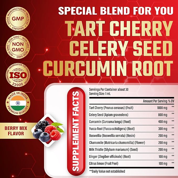 Tart Cherry Extract Liquid Drops - 9in1 with Celery Seed, Curcumin, Yucca Root, Boswellia, Chamomile, Milk Thistle, Ginger, and Citrus Limon - Vegan, Non-GMO - 30ml 1 Fl Oz