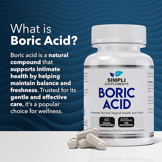 Simpli Supplements Boric Acid Suppositories for Women 600mg – 60 Count | Vaginal pH Balance Support | Feminine Care | Helps Maintain Freshness & Odor Control