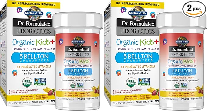 Garden of Life Dr. Formulated Probiotics Organic Kids+-Digestive Health Support-Prebiotic Fiber&Vitamins C&D-Supports Immune Function-Shelf Stable-Strawberry Banana,30 Yummy Chewables,(Pack of 2)