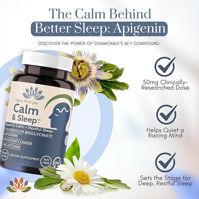 Migra-Well PM Sleep Aid for Adults – Magnesium Bisglycinate with Apigenin & Passionflower for Calm, Deep Sleep & Nerve Support – Non-Habit Forming, Plant-Based Sleep Supplement, 60 Capsules