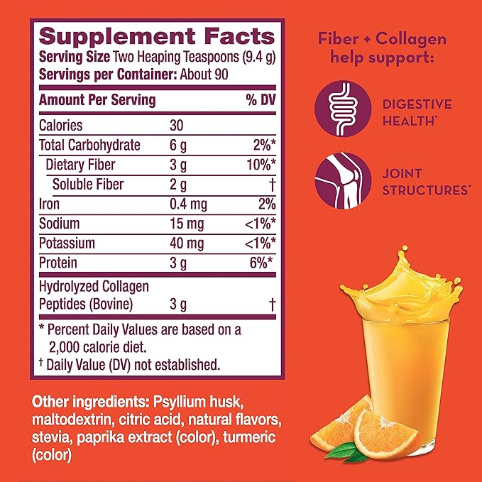 Metamucil Daily Fiber + Collagen,Psyllium Husk Powder,Plant Based Fiber Supplement,Sugar-Free with Stevia,3-in-1-Fiber Supplement for Digestive Health,Orange Flavored,90 Doses,(Pack of 2)