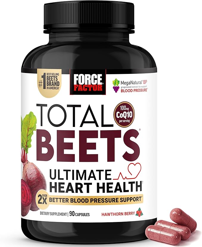 Force Factor Total Beets Ultimate Heart Health, Beet Root Capsules for Blood Pressure Support, CoQ10, Organic Beet Root Powder, Hawthorn Berry to Support Nitric Oxide & Blood Flow, 90 Capsules