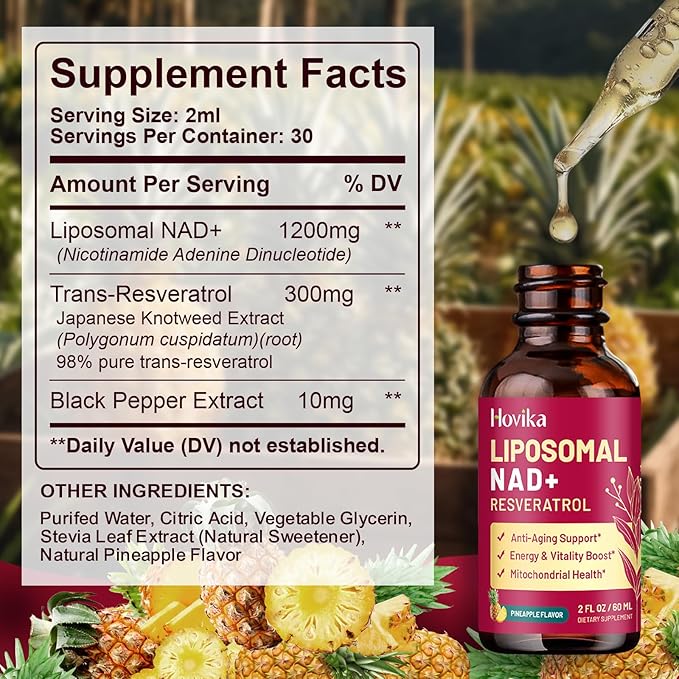 Liposomal NAD Supplement - 1200mg NAD+ Liquid Drops for Women & Men with Resveratrol, Black Pepper Extract - Support Anti-Aging, Brain & Cellular Mitochondrial Health - 2 Fl Oz, Pineapple Flavor