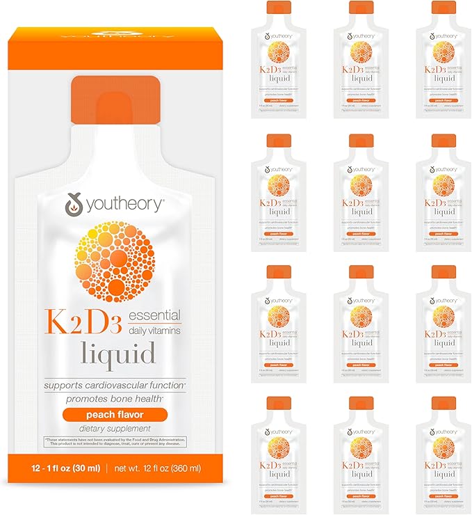 Youtheory K2D3 Liquid - Bone & Heart Health Support* - Combines Vitamin D3 & Vitamin K2 - Dairy, Soy & Gluten Free - Peach, 1 oz (12 Pack)