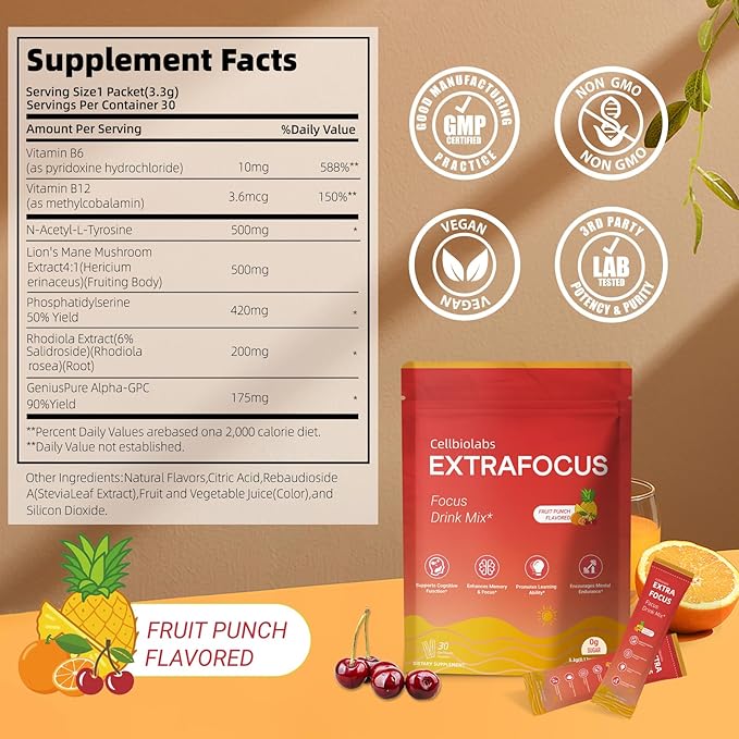 Nootropic Extra Focus Drink Mix, 30 Packs On-The-Go Sticks, Featuring Alpha-GPC, Lion's Mane & Rhodiola, Sugar-Free Packets Fruit Punch Clean Drink Mix