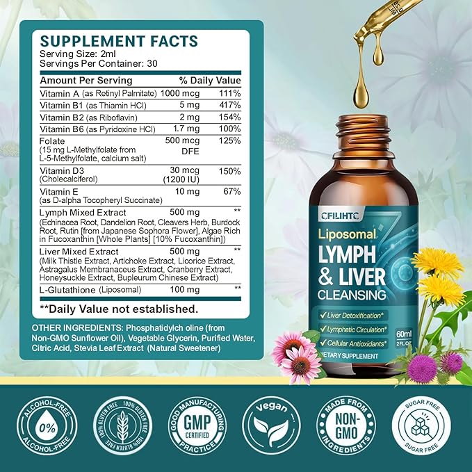 Liposomal Lymphatic Drainage Drops - 21 in 1 Liver Cleanse Detox & Repair with Milk Thistle, Echinacea, Burdock Root, Liposomal Glutathione, Vitamin Complex ''Lymph-Liver'' Gut & Metabolic Health
