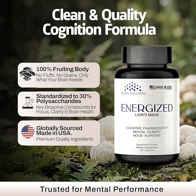 Energized Lions Mane Supplement Capsules (120ct),Brain Supplements for Memory and Focus, Nootropic for Brain Fog Relief Made in USA,30% Polysaccharides,Natural Brain Health Support
