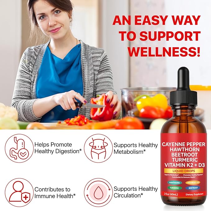 Cayenne Pepper Drops Supplement Liquid with Hawthorn Berry, Vitamin D3 K2 Beet Root Powder, Ceylon Cinnamon, Turmeric Curcumin, Organic Panax Ginseng, Berberine Extract Organic