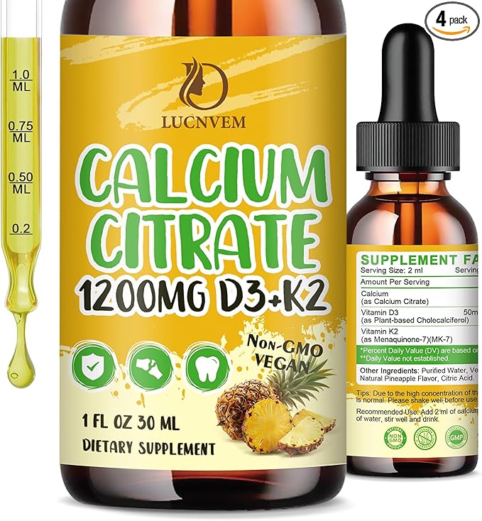 Calcium Citrate Liquid Drops, Calcium Citrate 1200 mg with Vitamin D3 & K2 Supplements for Women & Men, High Absorption for Support Bone Muscle & Teeth Health - Pineapple Flavor - 4 pc - 30 ml Each