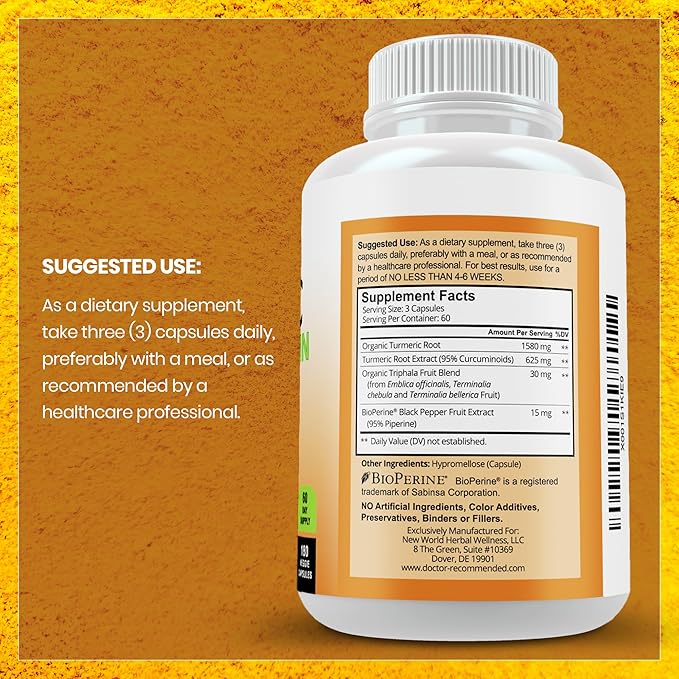 Turmeric Curcumin Supplement - 2250mg/d - Veggie Caps - 95% Curcuminoids with Black Pepper Extract (Bioperine) - 750mg Capsules - 100% Organic - Most Powerful Turmeric (180 Count)
