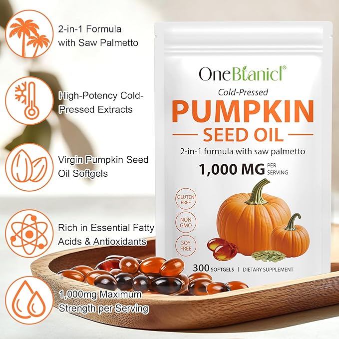 Pumpkin Seed Oil with Saw Palmetto 2-in-1 Formula 300 Softgels, Cold Pressed, Pure Virgin Oil, Supports Hair, Urinary, Bladder & Prostate Health, Non-GMO