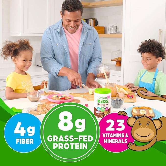 Orgain Kids Protein Powder Shake Mix, Chocolate Brownie - 8g Grass-Fed Dairy Protein, 4g Fiber, 23 Vitamins & Minerals, Gluten Free, No Soy Ingredients, Adds Healthy Nutrients to Kids Snacks, 1lb