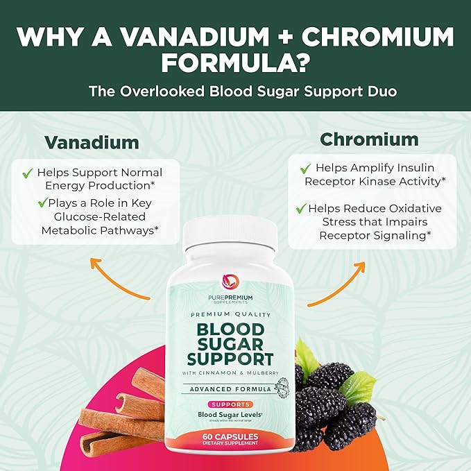 PurePremium Normal Blood Sugar Support Supplement - 20 Active Ingredients Complex to Support Blood Sugar Levels Already in The Normal Range - with Cinnamon, Bitter Melon, Chromium, Mulberry - 60ct