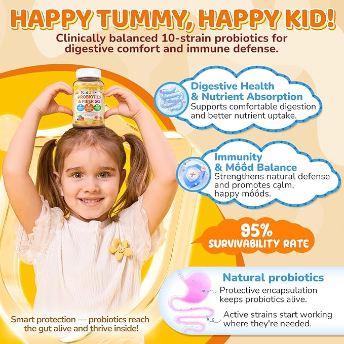 2Pack Kids Probiotic + Prebiotic Fiber Gummies 5G, 12 Billion CFU Probiotic & Veggie Fruit Fiber, w/ Organic Inulin, Methyl B12 B6 D3 C, Lutein for Children's Digestive & Gut, Immune Health,Sugar Free