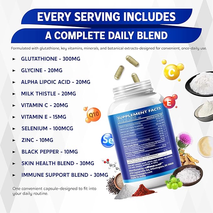 Glutathione, Vitamin C, Glycine, Alpha Lipoic Acid & Milk Thistle – Support Immunity & Radiant Skin – 150 Capsules