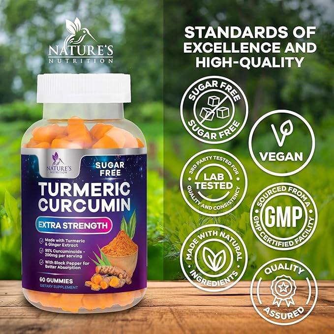 Turmeric Curcumin Gummies Sugar Free Supplement - 95% Curcuminoids with Turmeric & Ginger, Black Pepper for Best Absorption, Nature's Vegan Joint Support, Non-GMO, Tasty Peach Flavor - 60 Gummies
