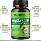 NATURELO Magnesium Glycinate Chelate Complex - 200 mg Magnesium with Organic Vegetables to Support Sleep, Calm, Muscle Cramp & Stress Relief - Gluten Free, Non GMO - 120 Capsules