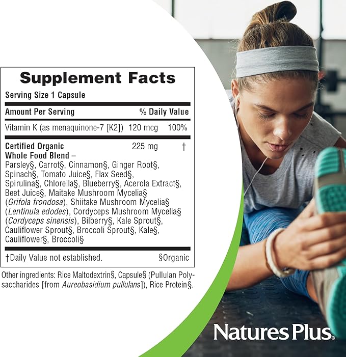 NaturesPlus Source of Life Garden Vitamin K2 - 60 Capsules, Pack of 2 - Supports Healthy Bones - USDA Certified Organic, Non-GMO, Vegan, Gluten Free - 120 Total Servings