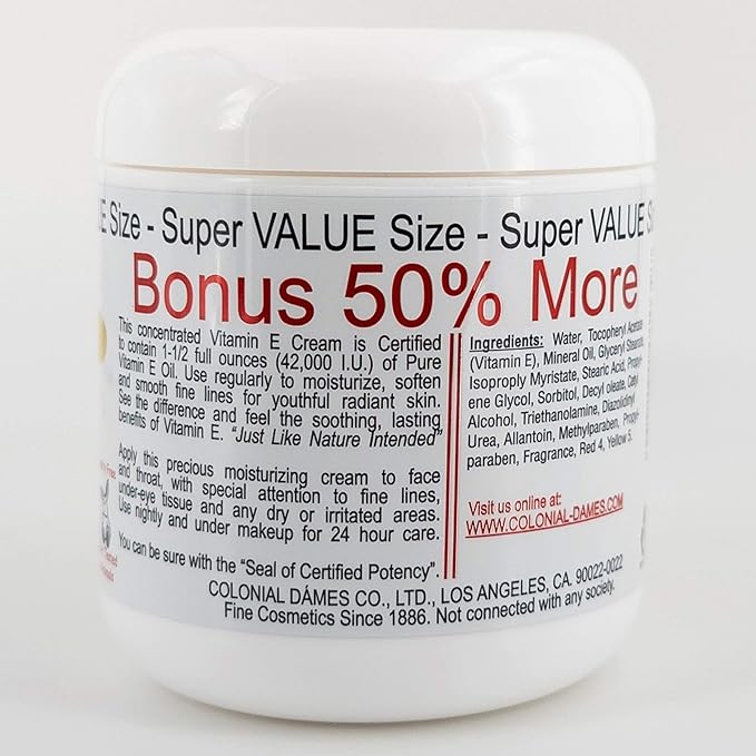 Colonial Dames Concentrated Vitamin E Moisturizing Cream 42,000 I.U. for Hydrating & Moisturizing Chapped Dry Skin & Fine Lines. Pack of 2