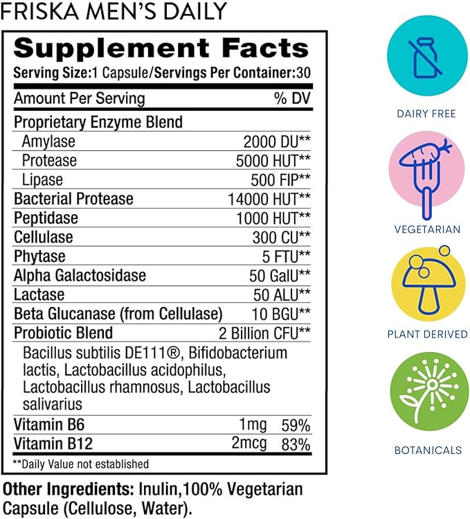 Friska Men’s Daily Gut Support - Digestive Enzymes, Probiotics to Help Break Down Foods, Supports Energy & Nutrient Absorption with Vitamins B6 & B12, 90 Capsules