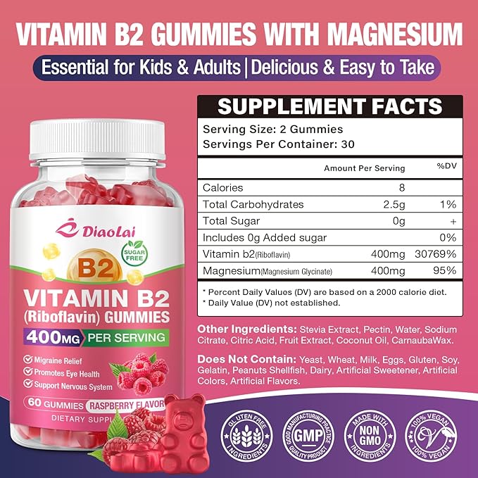 Vitamin B2 Gummies Riboflavin 400mg Supplement with Magnesium for Kids & Adults, B2 Gummies for Migraine Relief & Nervous System Support, Vegan, Raspberry Flavor, 120 Count