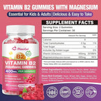 Vitamin B2 Gummies Riboflavin 400mg Supplement with Magnesium for Kids & Adults, B2 Gummies for Migraine Relief & Nervous System Support, Vegan, Raspberry Flavor, 60 Count