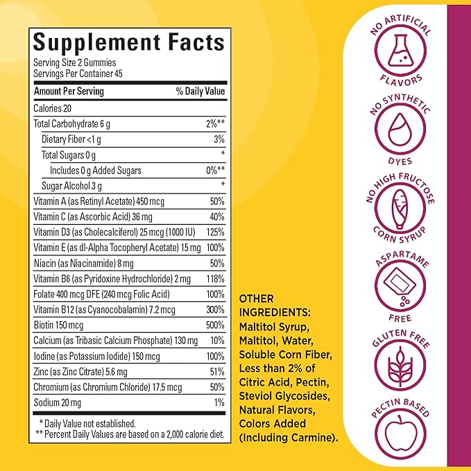 Nature Made Zero Sugar Multivitamin Women's Gummies, Bone & Immune Support, Aspartame Free, 90 Sugar Free Multivitamin Gummies, 45 Day Supply