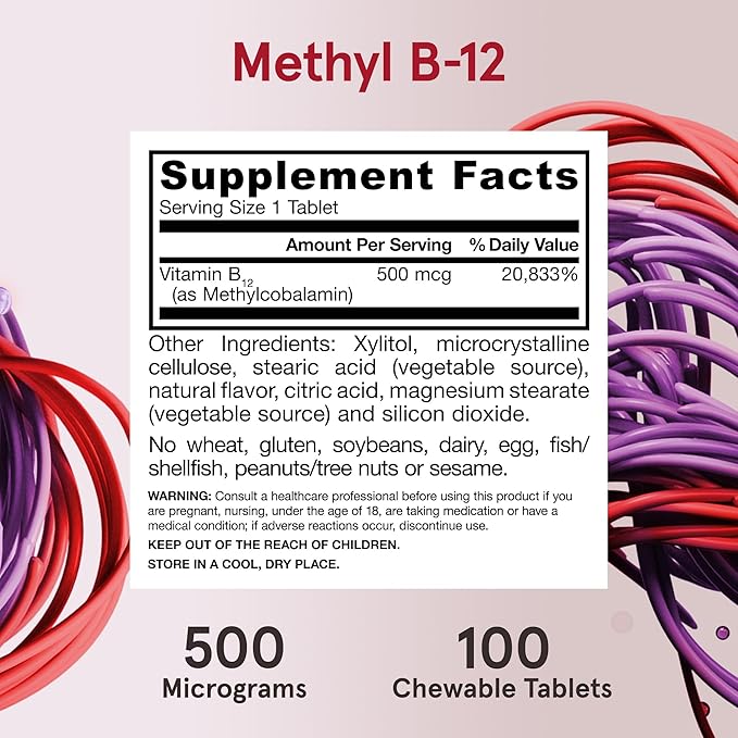 Jarrow Formulas® Methyl B-12 Tablets, 500 mg, Dietary Supplement for Cellular Energy Production and Brain Health Support, 100 Cherry Flavor Chewable Tablets, 100 Day Supply
