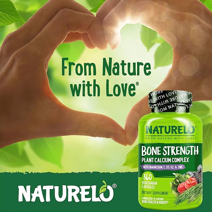 NATURELO Calcium Supplement - with Vitamin C, Vitamin D3, K2, and Calcium Magnesium Zinc for Bone Strength with Calcium 600mg - Plant-Based, 360 Vegetarian Capsules, Non-GMO, Soy & Gluten-Free