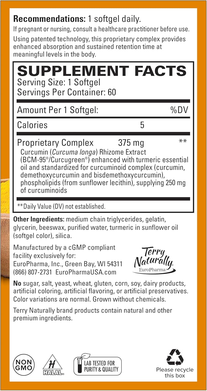Terry Naturally CuraMed 375mg - Antioxidant Supplement for Brain & Immune Health Support - Dietary Supplement with Curcumin & Turmeric Essential Oil - Herbal Liver Support - 60 Softgels