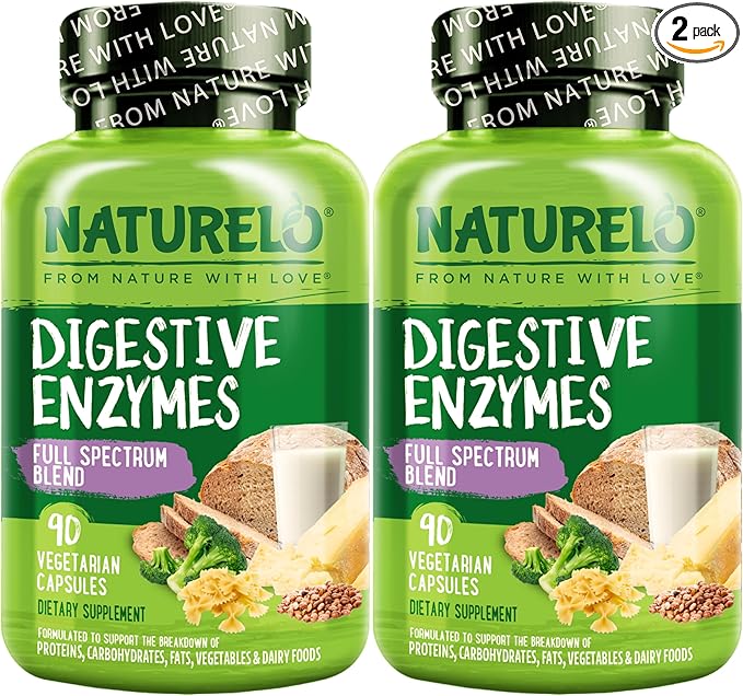 NATURELO Digestive Enzymes - Full Spectrum Support with a Broad Blend of 15 Enzymes Plus Ginger - 90 Vegan Capsules (Pack of 2)