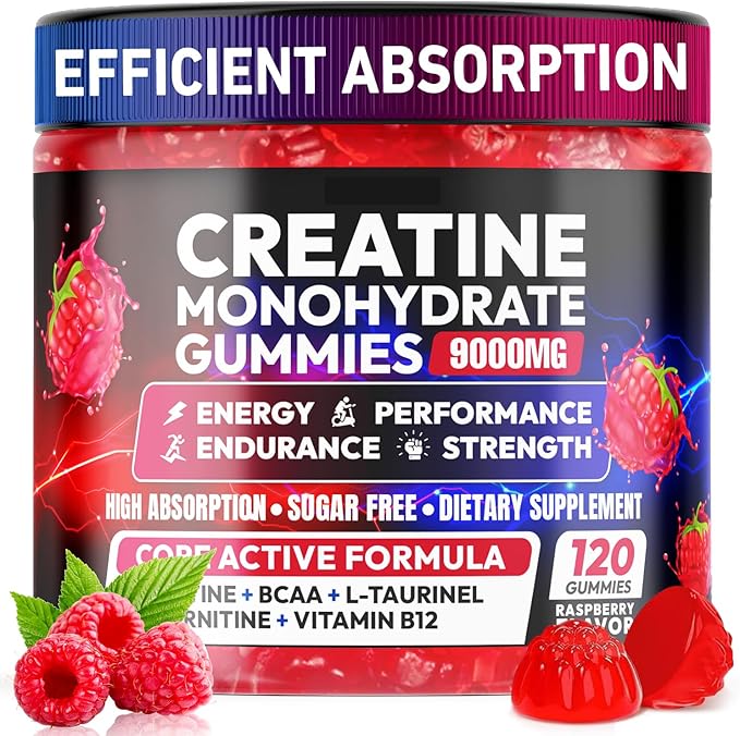 Creatine Gummies Monohydrate Complex 9000MG, Pre-Workout for Men & Women, Creatine Gummy with L-Taurine, BCAA 2:1, B12/6 for Muscle Support, Enhance Strength, Energy Boost-120 Count