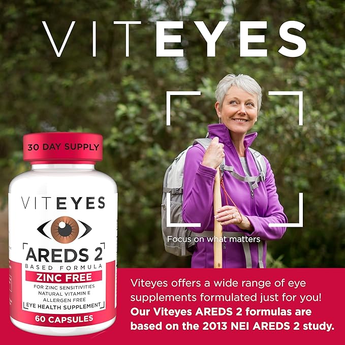 Viteyes AREDS 2 Zinc Free Macular Support, Natural Allergen Free Capsules with Vitamin E, Vitamin C, Lutein & Zeaxanthin, No Zinc, No Copper, Eye Doctor Trusted, Manufactured in the USA, 60 Ct