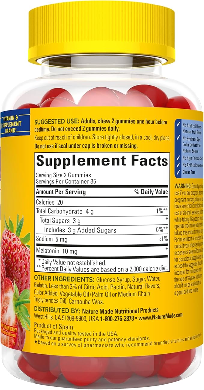 Nature Made Melatonin 10mg per serving Gummies for Adults, Maximum Strength Dosage Sleep Aid, 100% Drug Free, 70 Count Melatonin Gummies, 35 Day Supply
