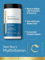 Carlyle Teen Multivitamin for Boys | 60 Caplets | Once Daily | Easy to Digest with Probiotics & Enzymes | with Iron | Non-GMO, Gluten Free