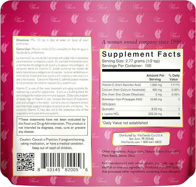 Cocó March N.M.D Vitamin C Powder 1000 mg – Immune Support Supplement with Zinc, Bromelain, Quercetin & L-Lysine, Supports Collagen Production, Vegan, Gluten & Dairy Free, Keto Friendly, 10 oz