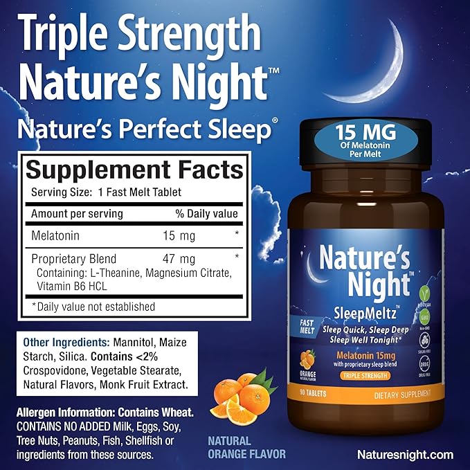 Zero Brands Nature's Night Triple Strength Quick Dissolve Melatonin 15mg with Supportive Blend | Natural Orange Flavor | 90 Count | Sugar Free, Vegan, Non-GMO, Drug Free