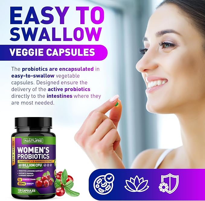 Probiotics for Women - 60 Billion CFUs, 16 Strains, with Cranberry, D-Mannose & Prebiotics - Supports Digestive, Immune, & Vaginal Health - Non-GMO, Dairy & Gluten-Free - 120 Veggie Capsules