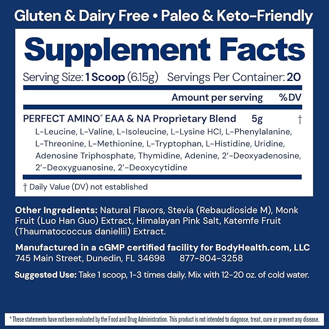 BodyHealth PerfectAmino - BCAA and EAA Powder for Pre and Post Workout - Amino Acid Energy Drink for Men and Women to Support Lean Muscle and Recovery - Chocolate - 20 Servings