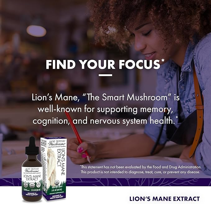 Host Defense Mushrooms Lion's Mane Extract - Lion's Mane Liquid Supplement for Brain Health - Mushroom Support for Focus & Memory Function - Immune & Nervous System Support - 2 fl oz (60 Servings)*
