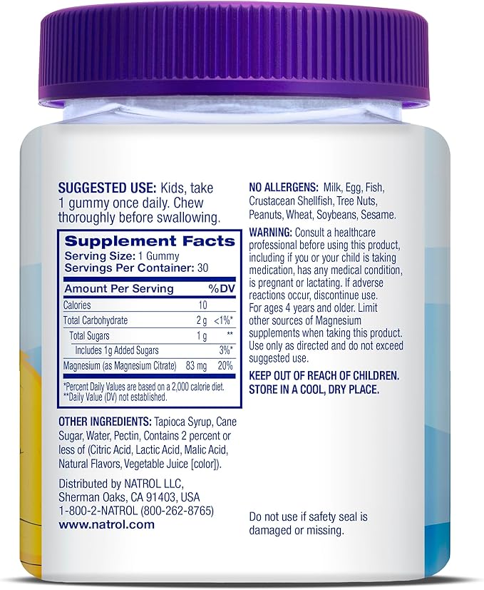 Natrol Kids Magnesium Citrate Gummies, Gently Calm & Relax Little Minds and Bodies, Plus Support Healthy Muscle Relaxation and Function, 30 Razzilicious Gummies, Up to a 30 Day Supply, (Pack of 2)