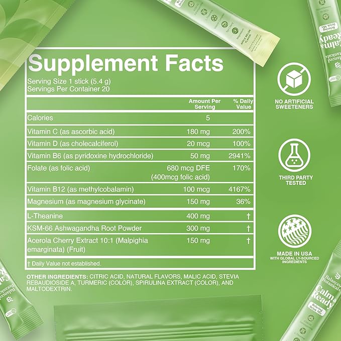 Calm and Ready Powder Drink Mix, with Magnesium Glycinate, Ashwagandha KSM 66, L Theanine, and Tart Cherry, Relaxation Support Supplement, Apple Melon, 20 Travel Packets