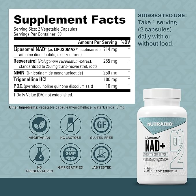 NutraBio Liposomal NAD+ Supplement with Resveratrol, NMN & PQQ for Longevity and Cell Support for Men and Women, Long-Term Vitality, 60 Capsules