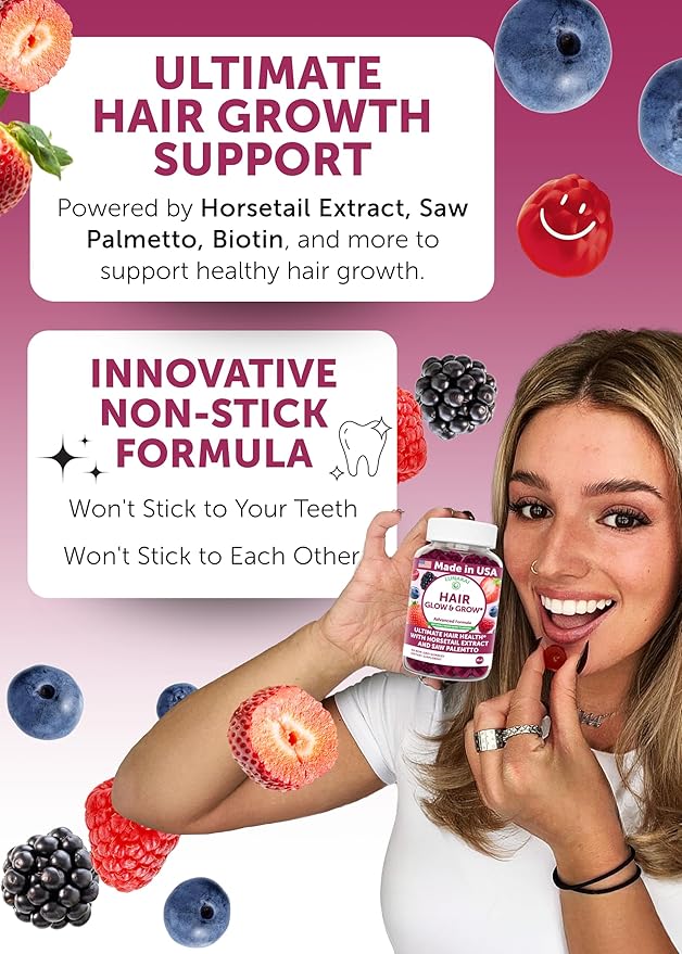 Lunakai USA Made Super Hair Gummies with Biotin, Zinc, Horsetail Extract & Saw Palmetto - Hair Growth Vitamins for Women & Men – Supports Thicker, Longer, Stronger Tresses, Skin & Nails - 6 Pack