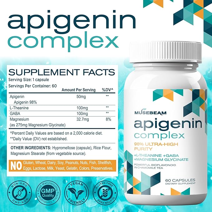 Apigenin Supplement for Rest and Relaxation Support - 50mg Apigenin per Capsule with Magnesium Glycinate 275mg L-Theanine 100mg GABA 100mg - 98% Ultra-High Purity