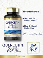 Carlyle Quercetin 500mg Capsules | with 50mg Zinc | 100 Count | Non-GMO and Gluten Free Supplement